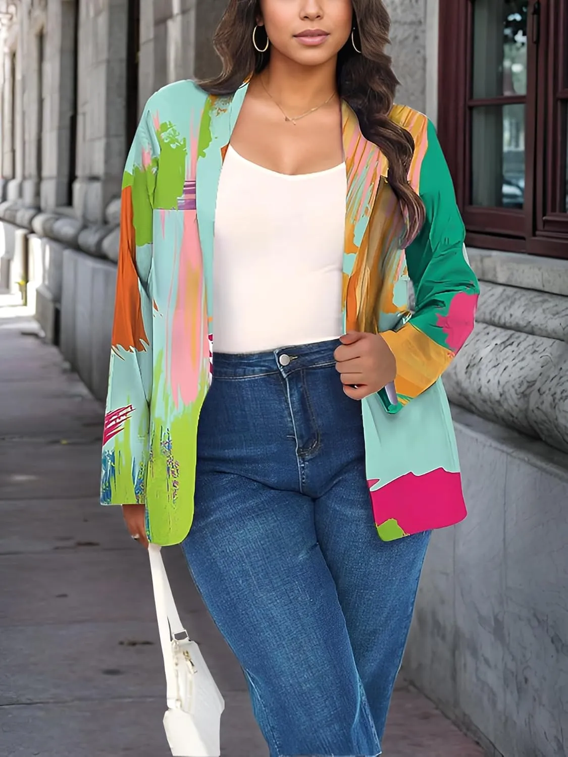 Plus Size Blazers for Curvy Women Sexy Trendy Colorful Oversize Graphic Open Front Jackets