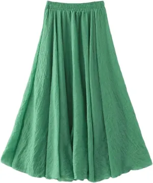 Rfmfkkg Womens Cotton Linen Maxi Skirt Casual Elastic High Waist Pleated A-Line Beach Skirts Boho