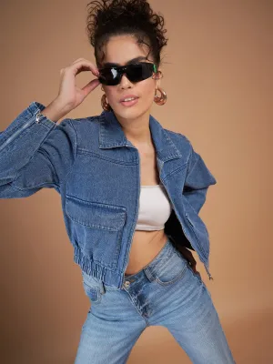 Women Blue Denim Front Zipper Jacket