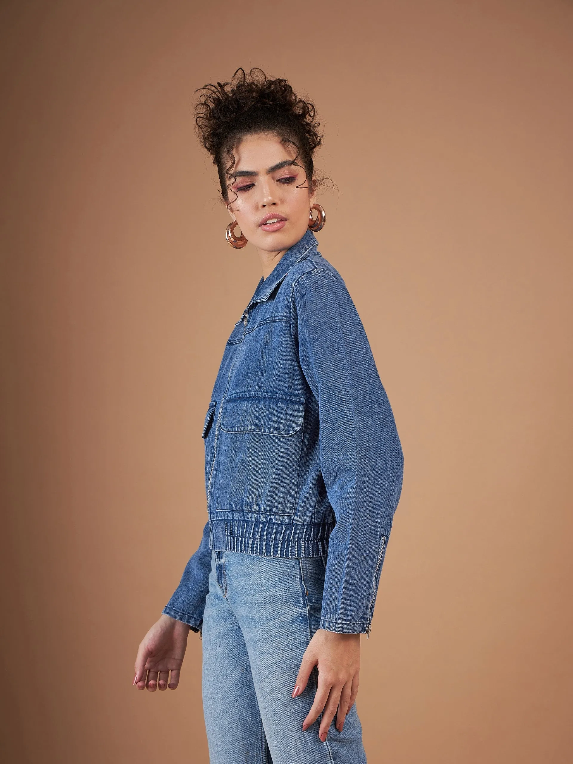 Women Blue Denim Front Zipper Jacket