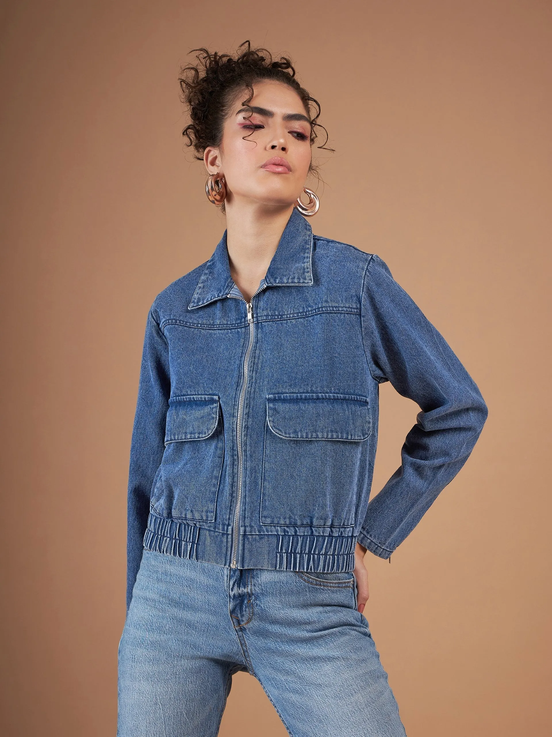 Women Blue Denim Front Zipper Jacket