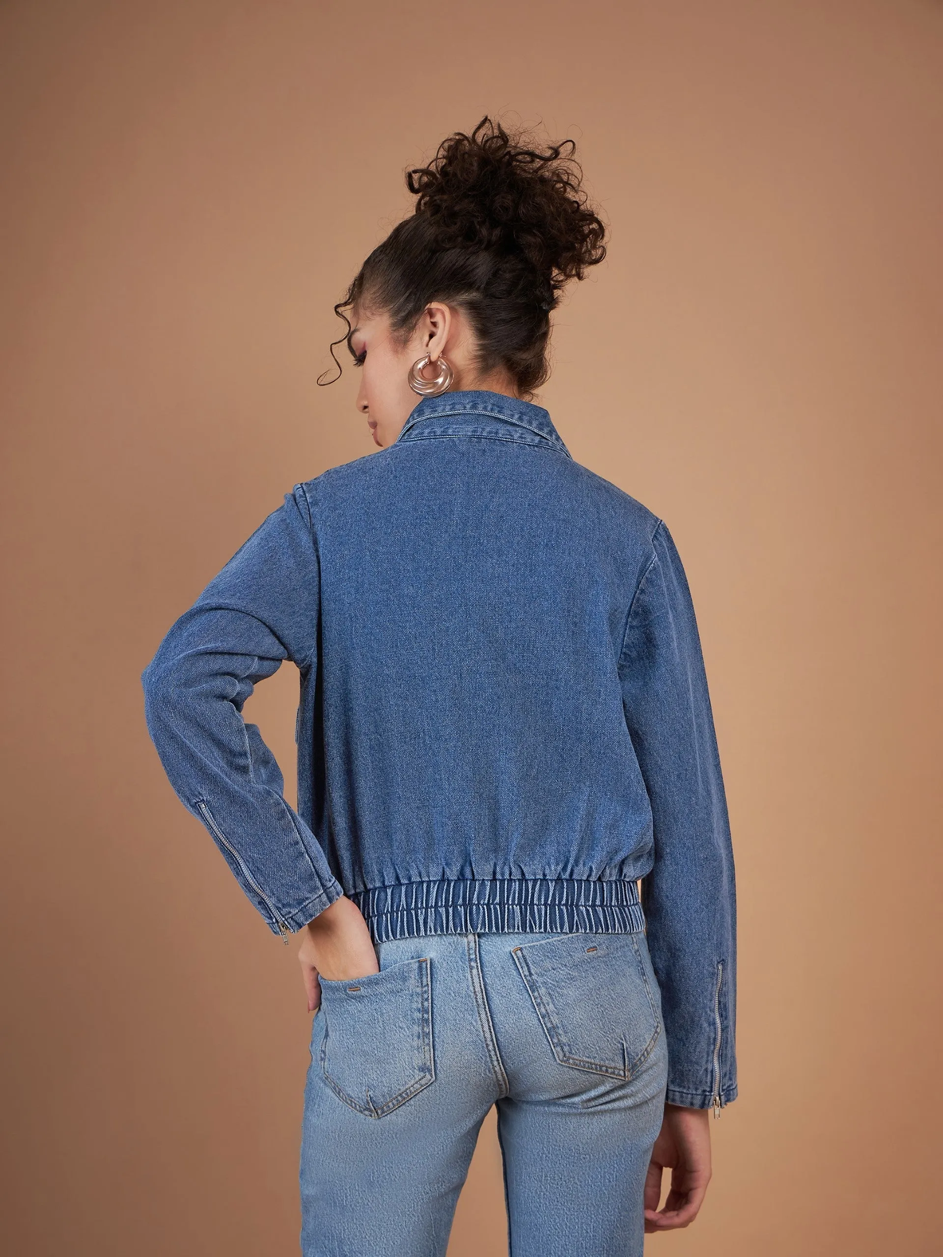Women Blue Denim Front Zipper Jacket
