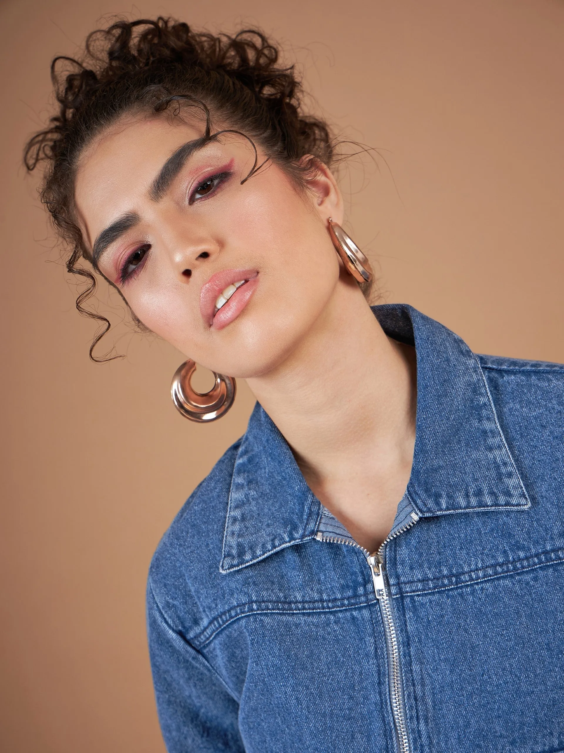 Women Blue Denim Front Zipper Jacket