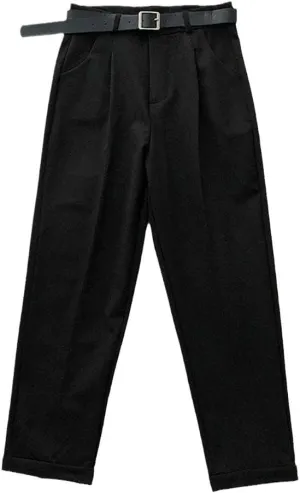Women High Waist Pants, Casual Loose Vintage with Sashes Suit Pants, Korean Black Curl Harem Pants