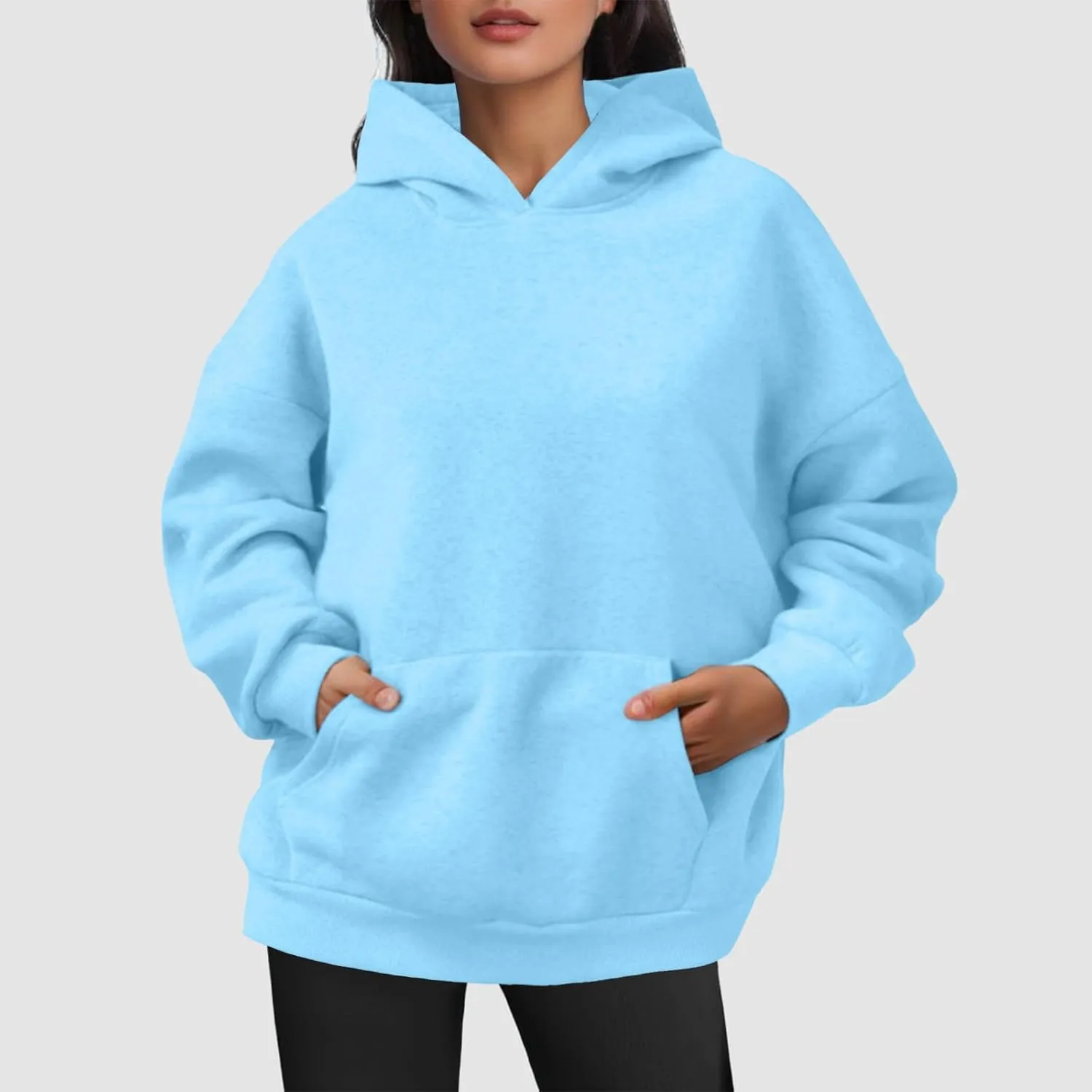 Women Hoodies Fashion Tops Casual Pullover Loose Fit Long Sleeve Oversized Sweatshirt Kangaroo Pocket Drop Shoulder Sweaters