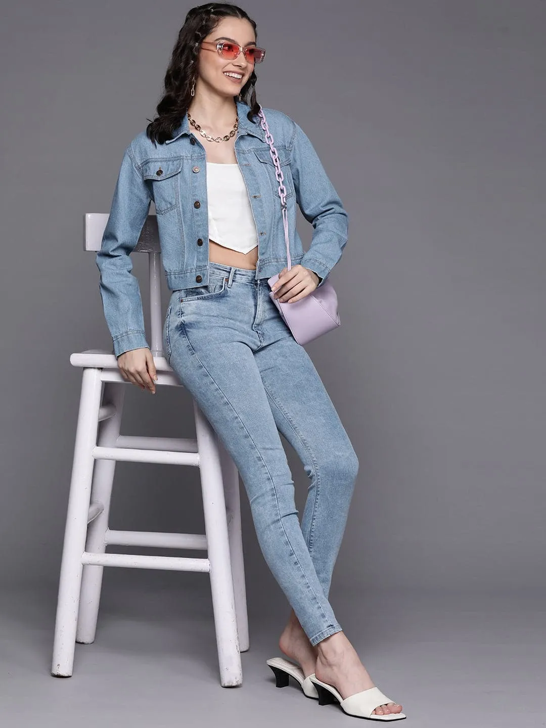 Women Ice Blue Line Art Print Denim Jacket