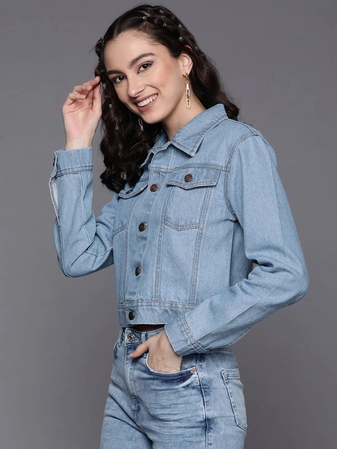 Women Ice Blue Line Art Print Denim Jacket