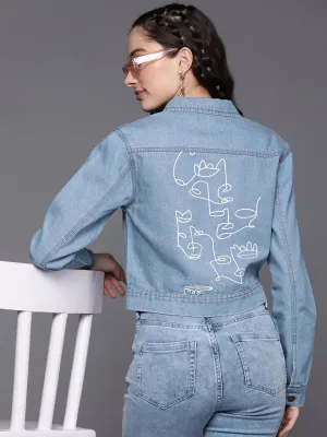 Women Ice Blue Line Art Print Denim Jacket