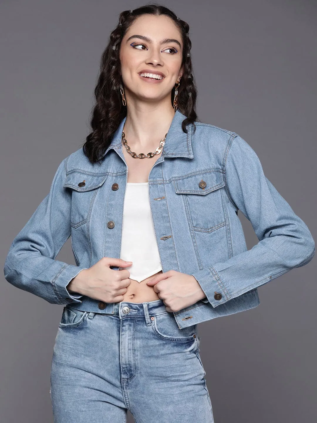 Women Ice Blue Line Art Print Denim Jacket