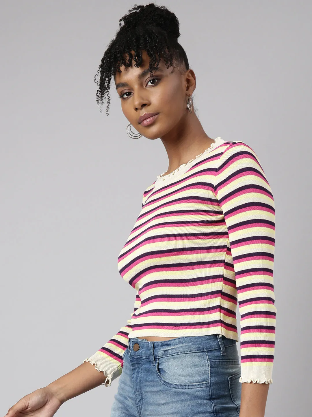 Women Pink Striped Ribbed Winter Wear Fitted Top