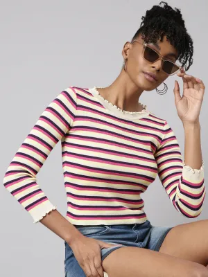 Women Pink Striped Ribbed Winter Wear Fitted Top