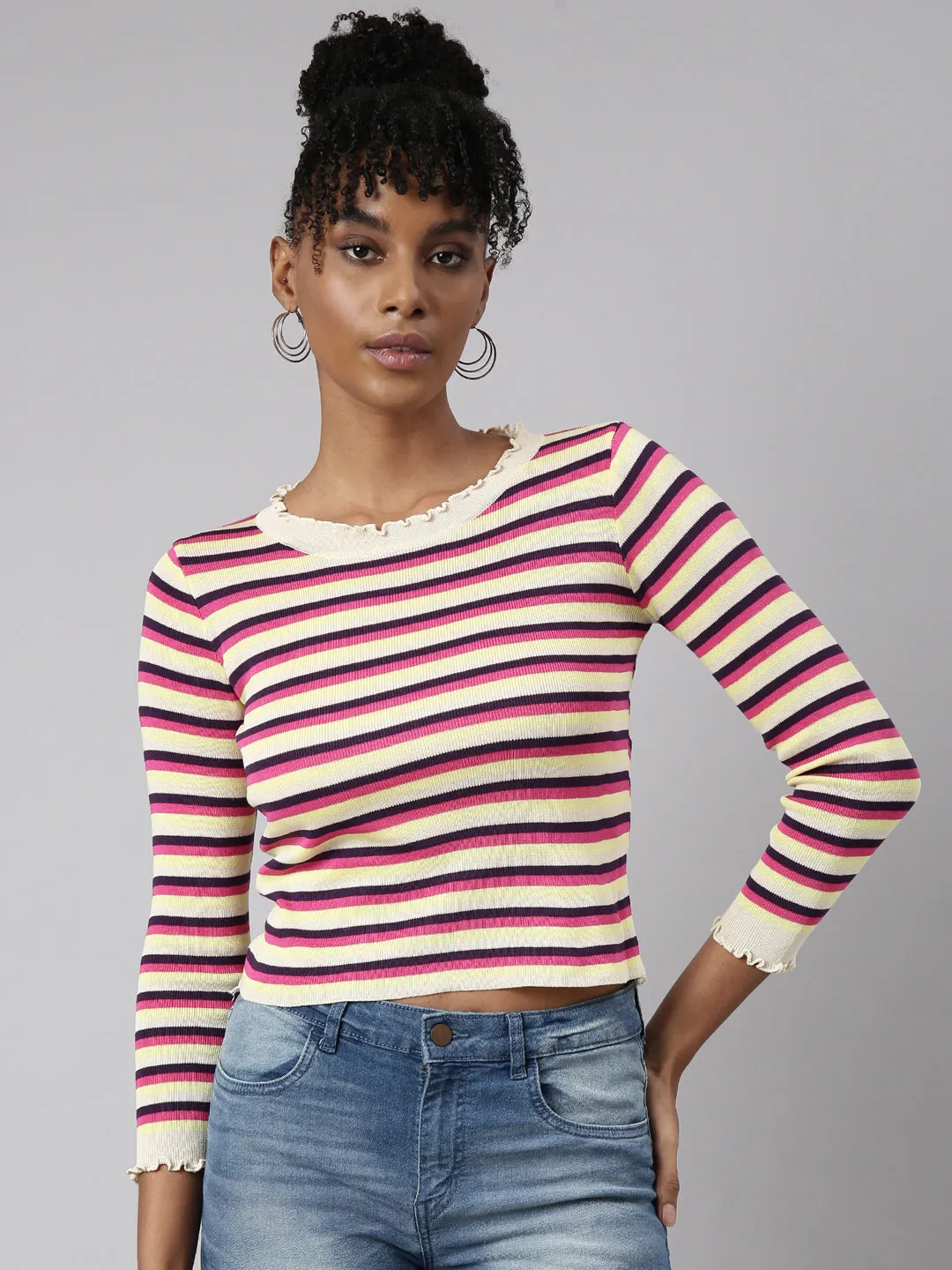 Women Pink Striped Ribbed Winter Wear Fitted Top