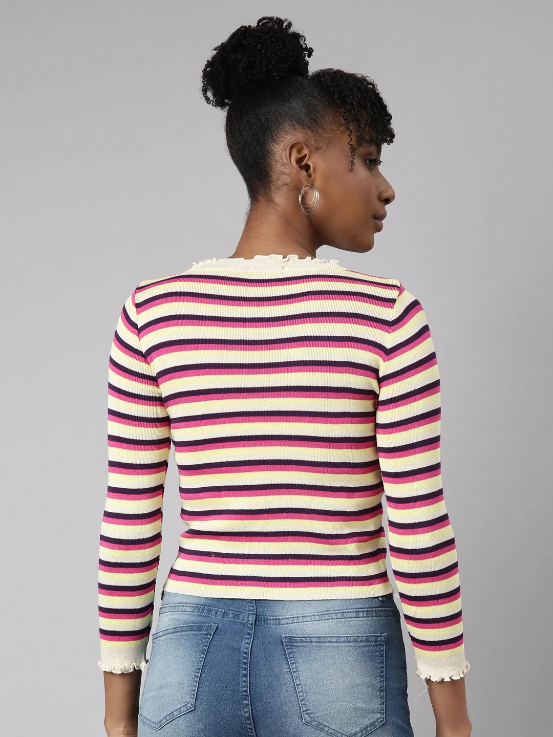 Women Pink Striped Ribbed Winter Wear Fitted Top