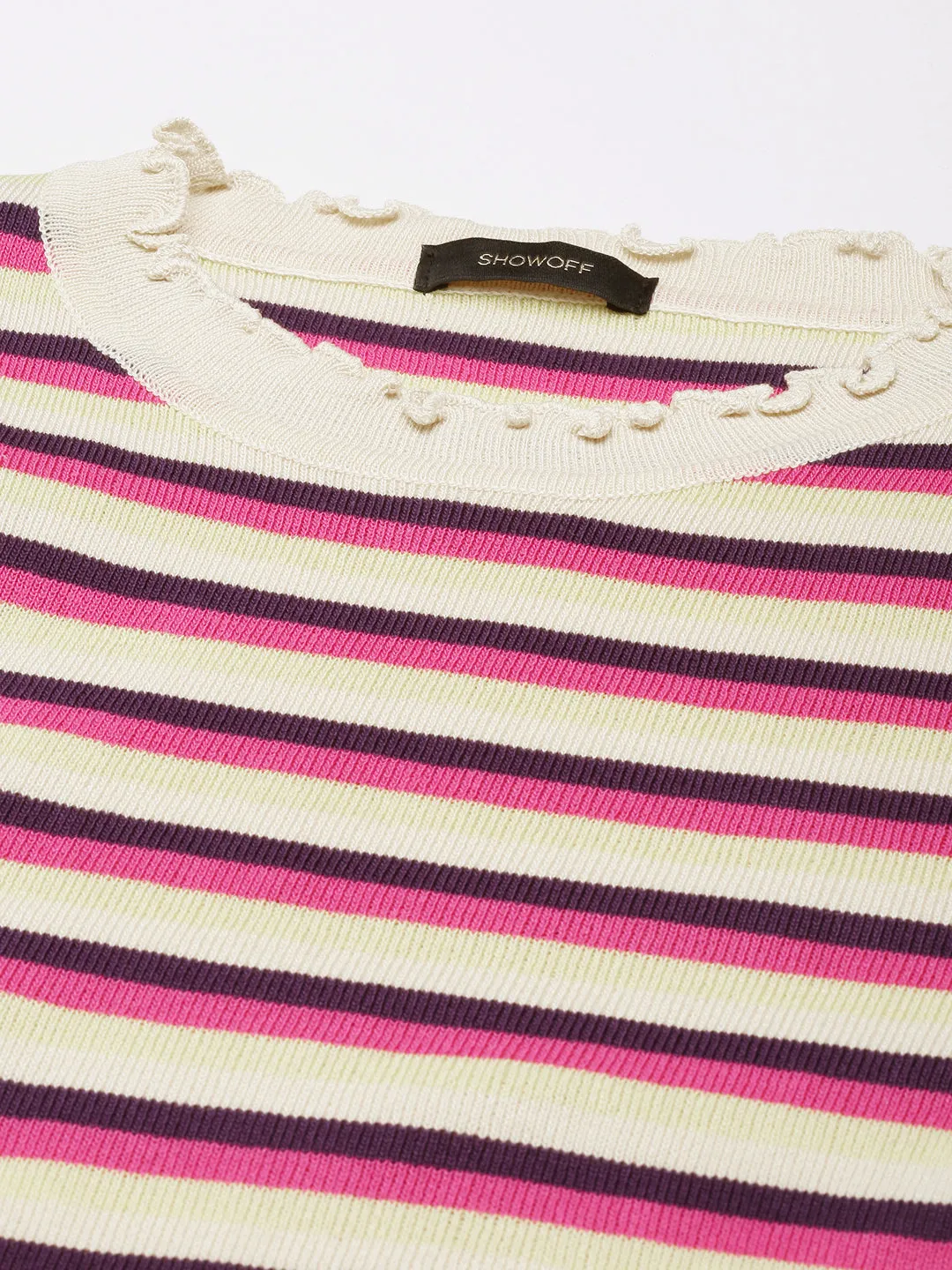 Women Pink Striped Ribbed Winter Wear Fitted Top