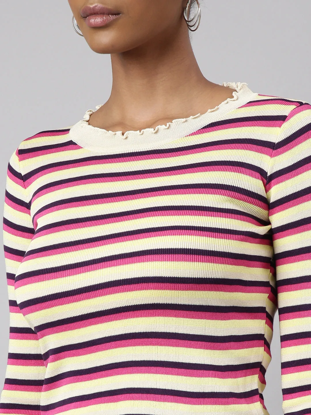 Women Pink Striped Ribbed Winter Wear Fitted Top