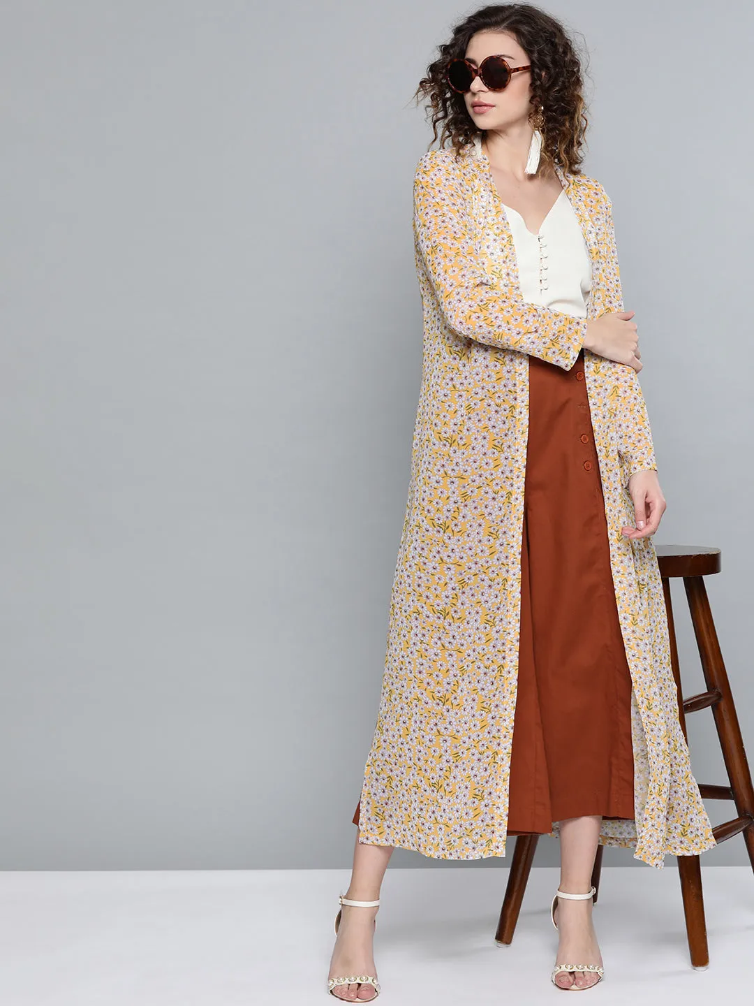 Women Yellow Ditsy Floral Side Slit Longline Shrug