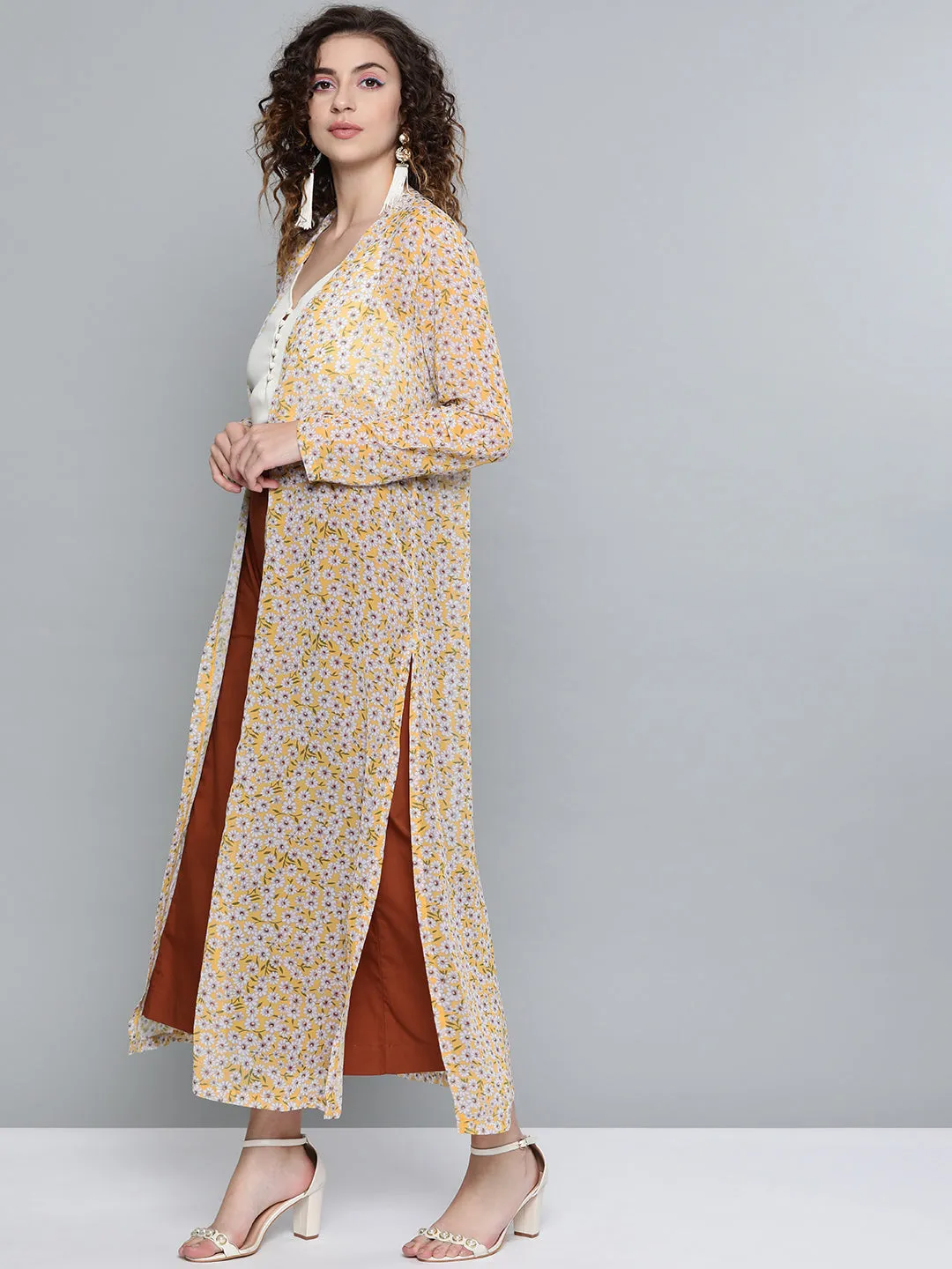 Women Yellow Ditsy Floral Side Slit Longline Shrug
