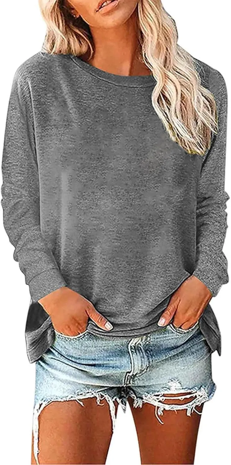 Womens Fashion Blouse Fitted Long Sleeves Crewneck Sweatshirt Solid Color Tops Pullover Casual Loose Hoodies