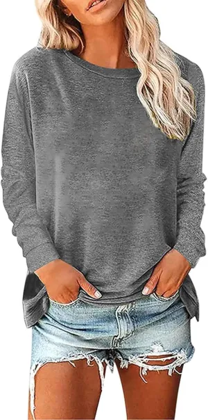 Womens Fashion Blouse Fitted Long Sleeves Crewneck Sweatshirt Solid Color Tops Pullover Casual Loose Hoodies