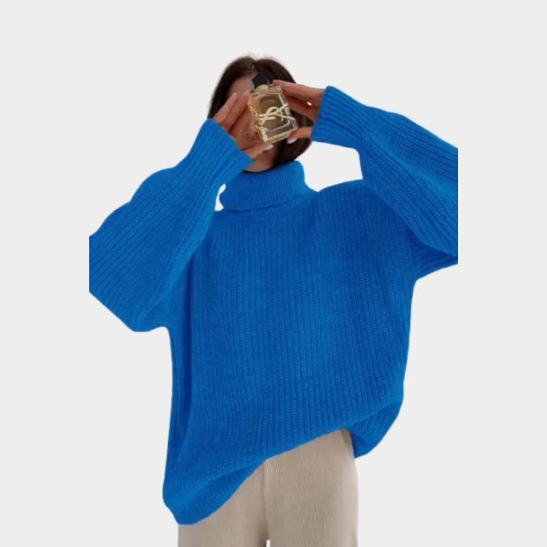 Women's Thick Knitted Cotton Turtleneck Sweater  Relaxed Fit, Warm Fall & Winter Style in Blue, Orange, and More